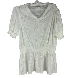 Cato Womens Eyelet Peplum Top Short Sleeve V Neck White 18-20W Lightweight Knit
